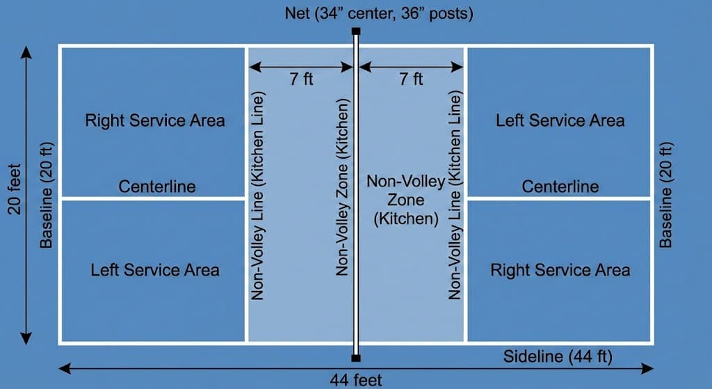 Pickleball court diagram showing dimensions: 44 feet long by 20 feet wide, with 7-foot non-volley zones (kitchen) on each side of the net